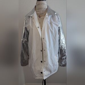 White and Silver Windbreaker with Metallic Sleeves Size Large Victoria Secret